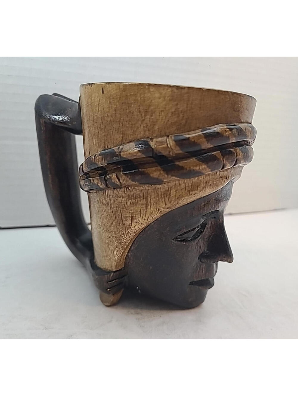 Hand-Carved Vintage Wooden Primitive Tribal Cup Tiki Head Face Mug Dark Finish